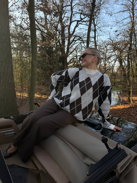 Ruit trui bruin en beige