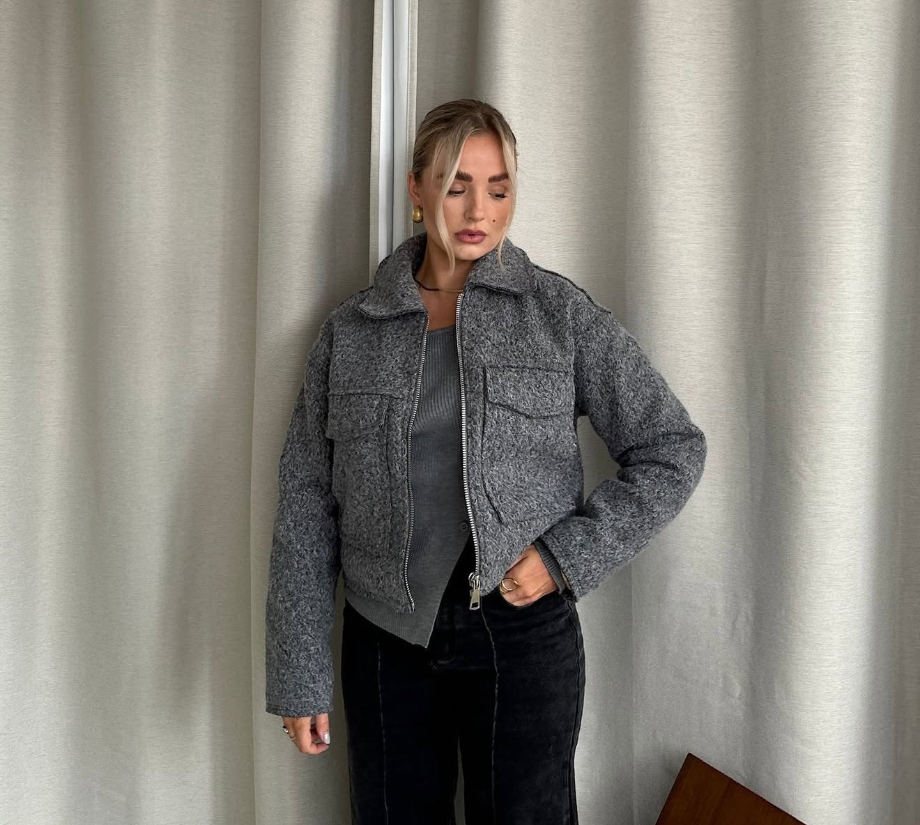 Teddy jas kort grijs