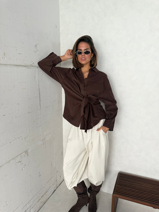 Blouse met strik bruin