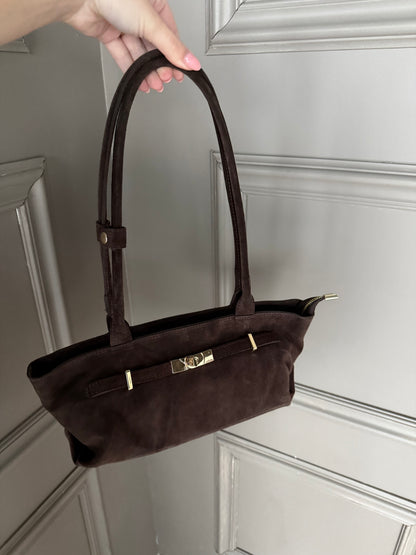 Suède bruine tas met goud gespje