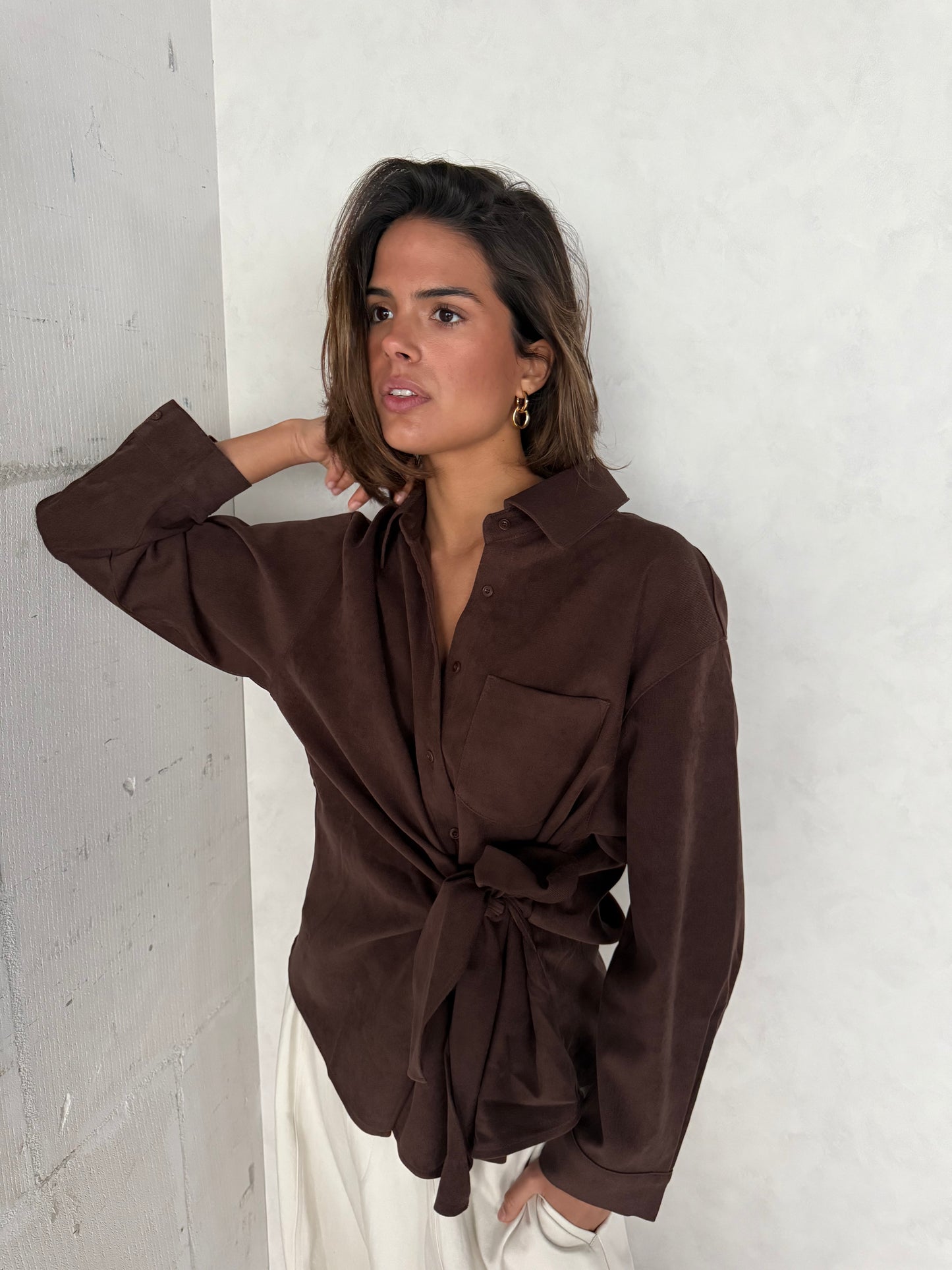 Blouse met strik bruin