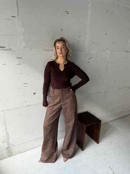 Top v hals rib Brown