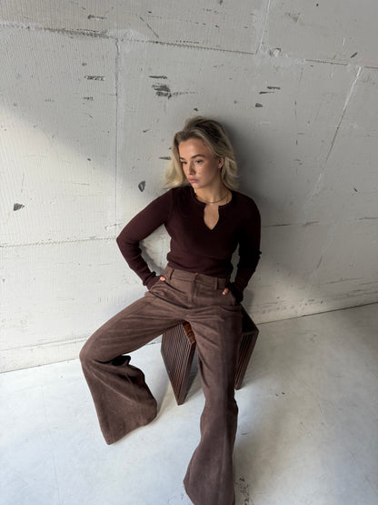 Top v hals rib Brown